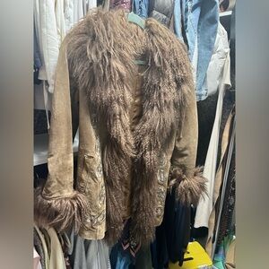 Brown Suede Embroidered Fur Trimmed Women's Coat